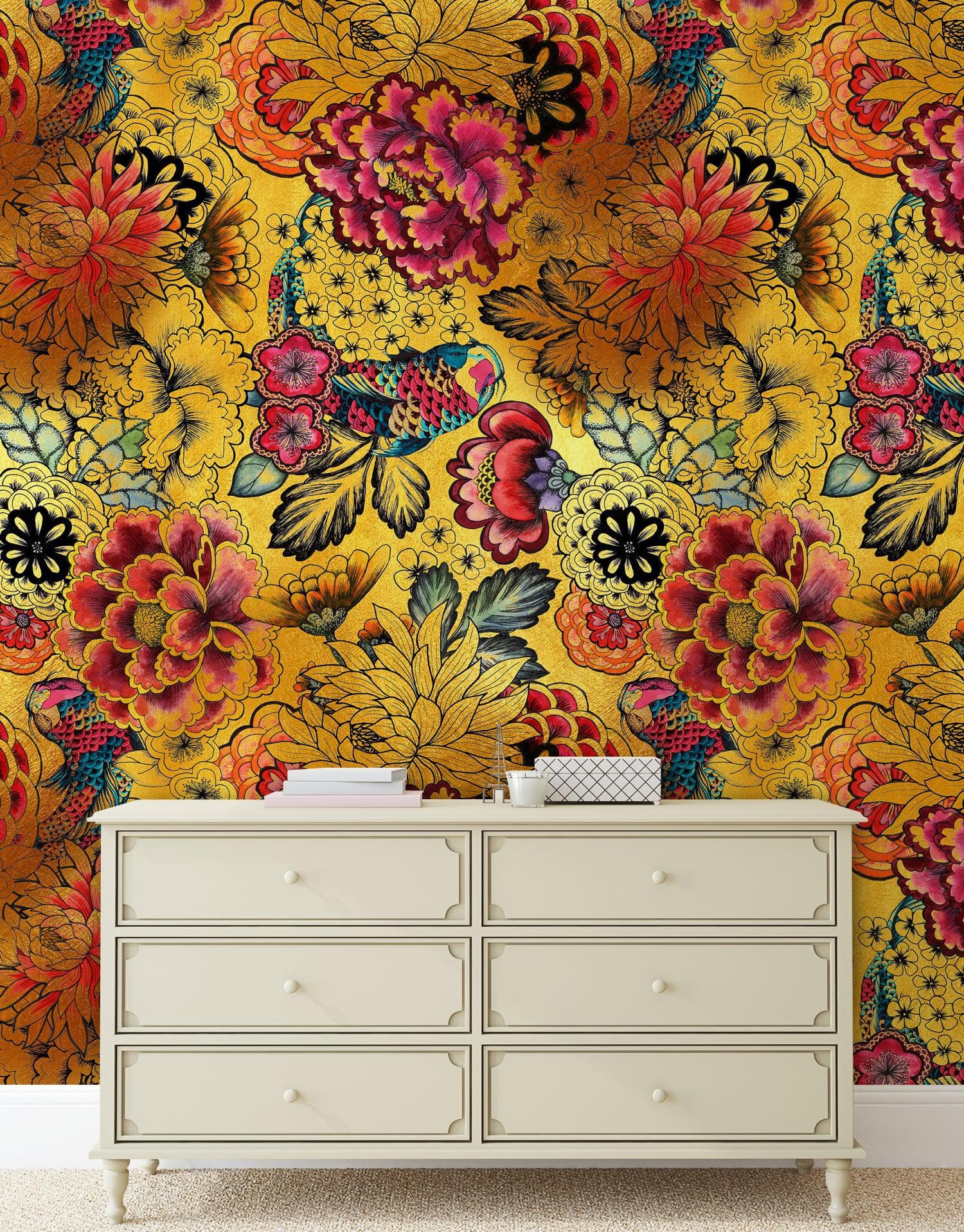 Japanese Art Koi Fish Peel and Stick Wallpaper. Gold Flowers